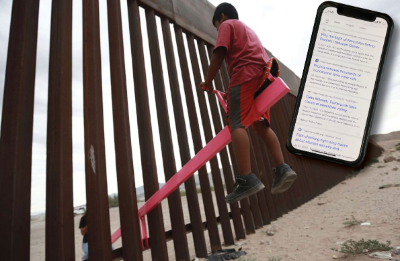 Children playing on see saw through a gate at the immigration border